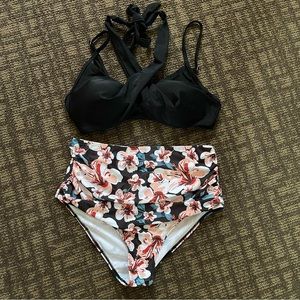 Women Push Up Bikini High Waist Swimsuit Bikini Set Large Black Floral NEW